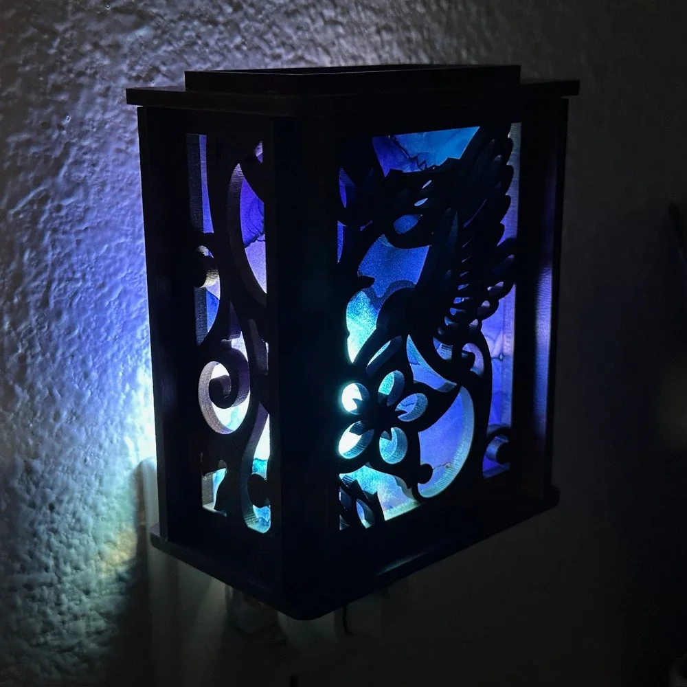 Hummingbird Lantern Night Light Wood Laser Cut Blue Light Plug In‎ Handmade